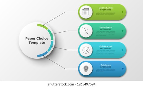 Four rounded elements connected to main paper white circle by lines. Modern infographic design template. Realistic vector illustration for visualization of 4 features or options of business project.