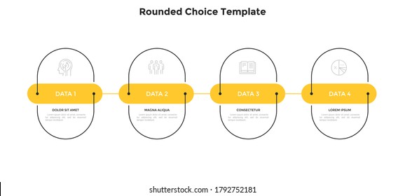 Four rounded elements placed in horizontal row and connected by line. Concept of 4 successive stages of business progress. Flat infographic design template. Simple vector illustration for banner.