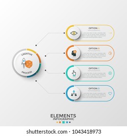 Four rounded elements with thin line icons and place for text inside connected to paper white circle. Concept of 4 features of business development. Infographic design template. Vector illustration.