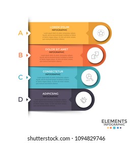 Four rounded elements with thin line icons, text boxes inside and letters placed one below other. Concept of pop-up menu with 4 options for website. Infographic design template. Vector illustration.