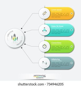 Four rounded rectangles with icons and place for text inside connected with main circular element by lines. Schematic visualization of 4 step process. Infographic design template. Vector illustration.