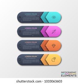 Four rounded rectangles placed one under other with linear pictograms, letters and place for text inside. Concept of 4 steps to success. Infographic design templates. Vector illustration for report.