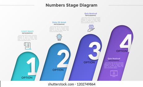 Four rounded sloped elements with numbers inside placed into horizontal row, linear icons and text boxes. Concept of 4 successive steps of development. Infographic design layout. Vector illustration.