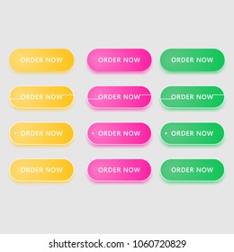 Four rounded web buttons with colored transparent shadow.Set of navigation interface elements.Call to action.