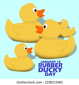 Cuatro patos de caucho de varios tamaños con texto en negrita sobre un fondo azul claro para celebrar el Día del Dudoso Caucho el 13 de enero