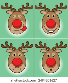 Four Rudolph Red Nosed Reindeer Mug Shots showing different Emotions