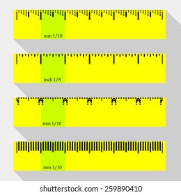 Four ruler templates, inch and millimeters, 1/10 and 1/8 graduated, without numbers and symbols