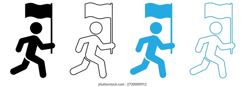 Cuatro figuras de palo de correr que sostienen banderas en diferentes colores y estilos, Iconos simples de la guía del recorrido en blanco y negro con banderas Diseño de Vector