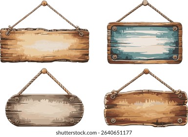 Four rustic wooden signs hanging isolated on white background	