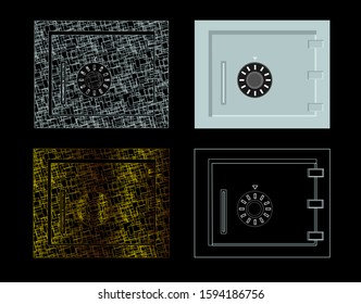 Four safe icons in String art style, in gold color and in the usual form. Modern and sophisticated work.