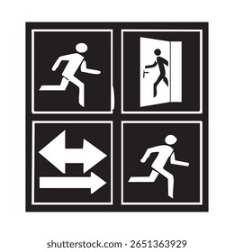 Four safety signs in a grid: running person, person exiting a door, directional arrows, and another running person. These symbols indicate emergency exits and directions.