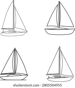 Four sailboat line art in different angles, ideal for design and editorial use