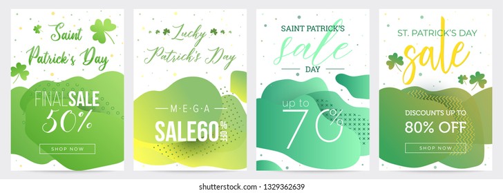 Four Saint Patricks Day offers with green abstract backgrounds, holiday templates. Can be used in business