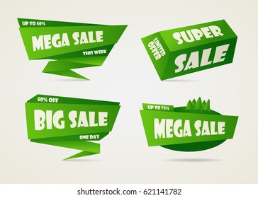 Four sale banners with 50%, 75% off. Discount green style banners  with one day, this week offers. Vector illustration mega, super, big sale. Limited offer.