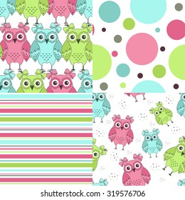 Four samples of fabric with owls on a white background