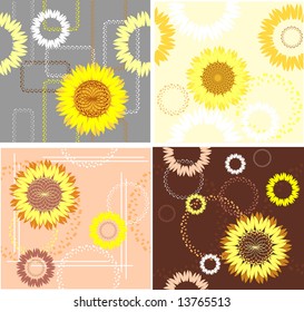 four samples fabrics with yellow and orange sunflowers on gray, yellow and beige background, with pattern from circles and rectangle