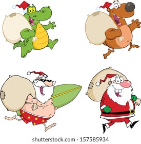 Four Santa Cartoon Characters. Vector Collection Set