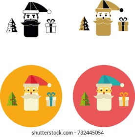four Santa Claus with a Christmas tree and a gift