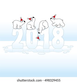 Four Santa Polar Bears Balancing wearing Hats on Melting New Year 2018 with Reflections in an Ice Cold Puddle
