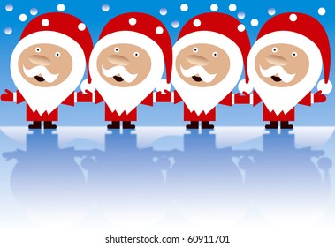 Four Santas singing and holding hands on blue background with snow and reflections in ice.