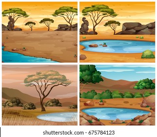 Four Savanna Scenes At Different Times Of Day Illustration