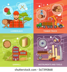 Four sawmill timber flat compositions set with lumberjack character sawmill building trucks tools and decorative symbols vector illustration