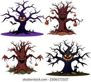 Four scary halloween trees with pumpkins and bats smiling menacingly