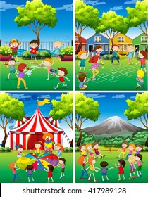 Four scene of children playing in the park illustration