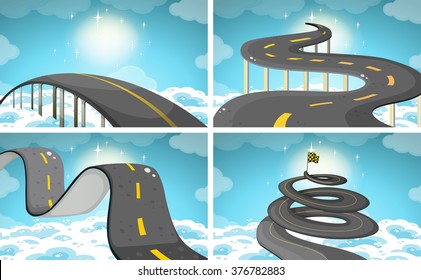 Cuatro escenas de carreteras en la ilustración del cielo