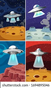 Four scene with UFO flying in the space illustration
