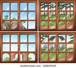Cuatro escenas de la ilustración de ventanas