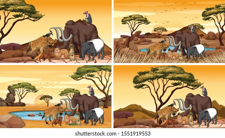 Four scenes with african animals in the field illustration