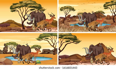 Four scenes with african animals  illustration