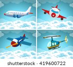 Four scenes of airplane flying in the sky illustration