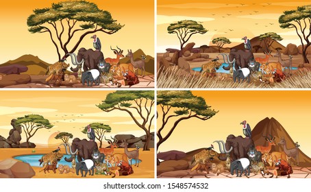 Four scenes with animals in the field illustration
