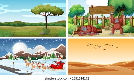 Four scenes with animals and nature illustration