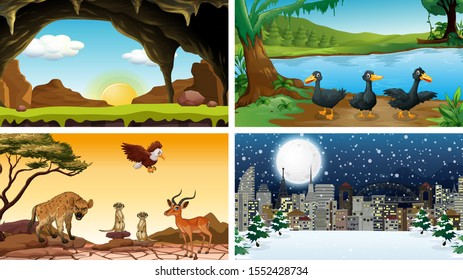 Four scenes with animals in the park illustration