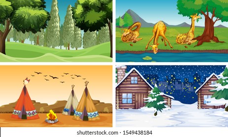 Four scenes with animals and parks illustration