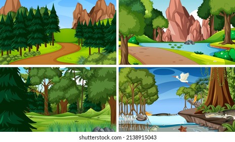 Four scenes with animals in the woods illustration