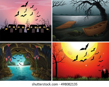 Four scenes with bats at night illustration