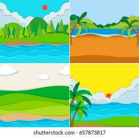 Four scenes of beach and river illustration