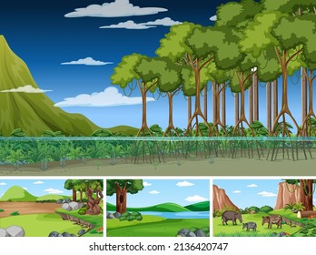 Four scenes with big trees in forest illustration