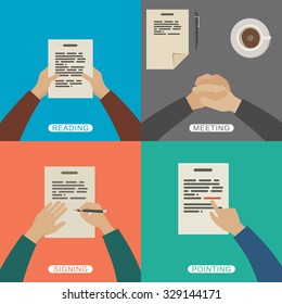Four scenes of business working. Simple flat illustration with hands.