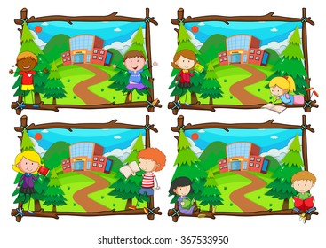 Four scenes of children going to school illustration