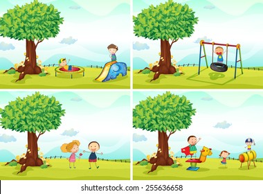 four scenes of children in the playground