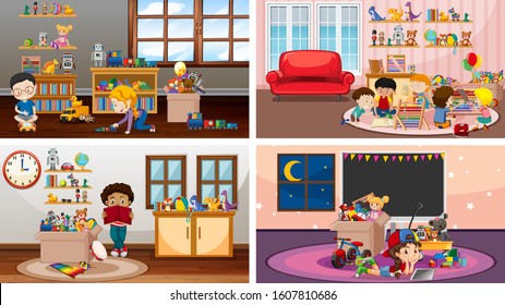 Four scenes with children playing in different rooms illustration