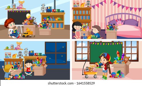 Four scenes with children playing in different rooms illustration