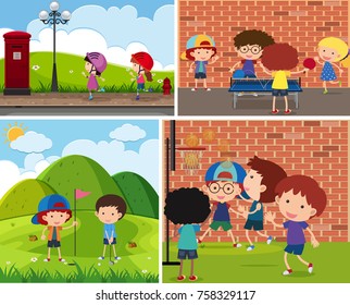 Four scenes of children playing different sports illustration