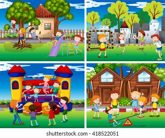 Four scenes of children playing in the park illustration