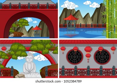 Four scenes of chinese temple with red walls illustration
